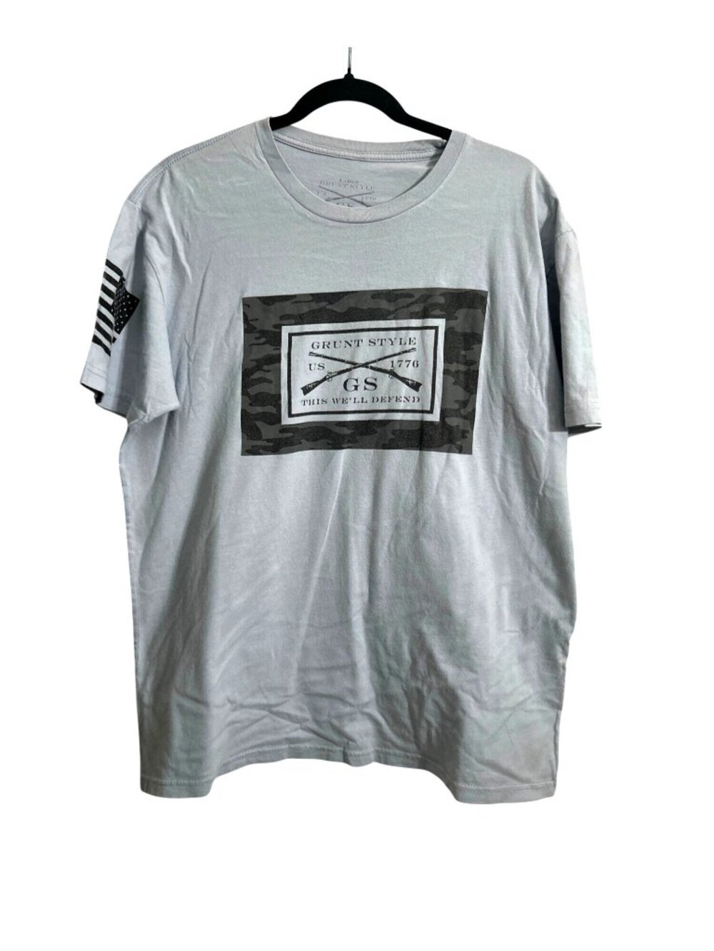 Grunt Style Mens Tactical T-Shirt With American Flag Sleeve Graphic Light Gray